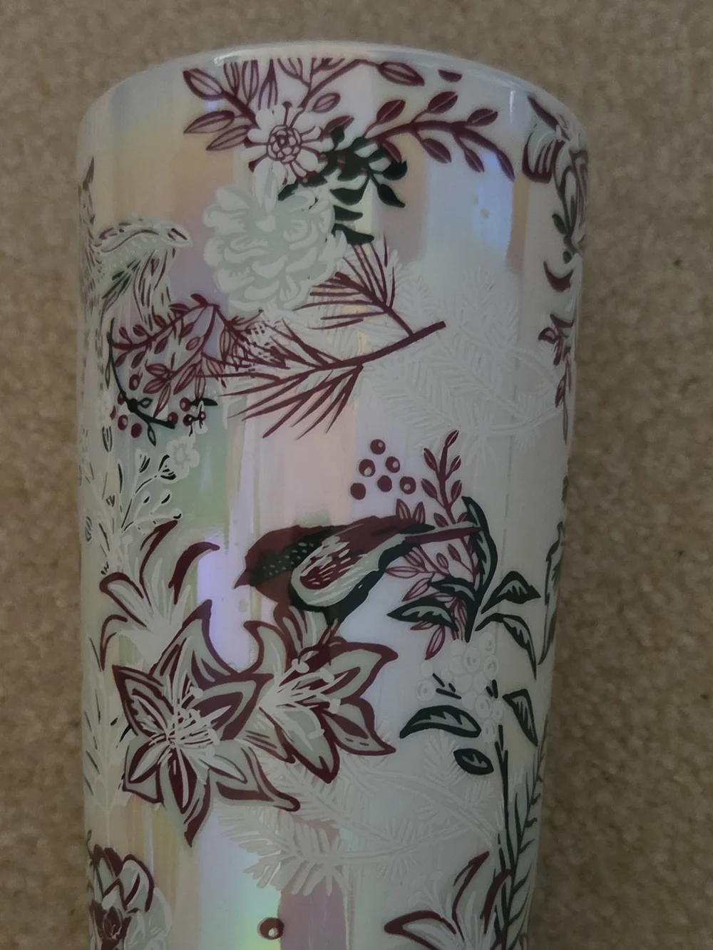 Starbucks 2022 Winter Pink Iridescent Tumbler with Burgundy Floral Design